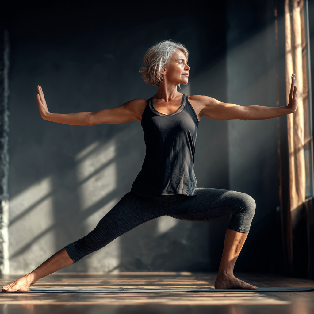 50 years old woman practicing yoga poses in peaceful studio with natural lighting
