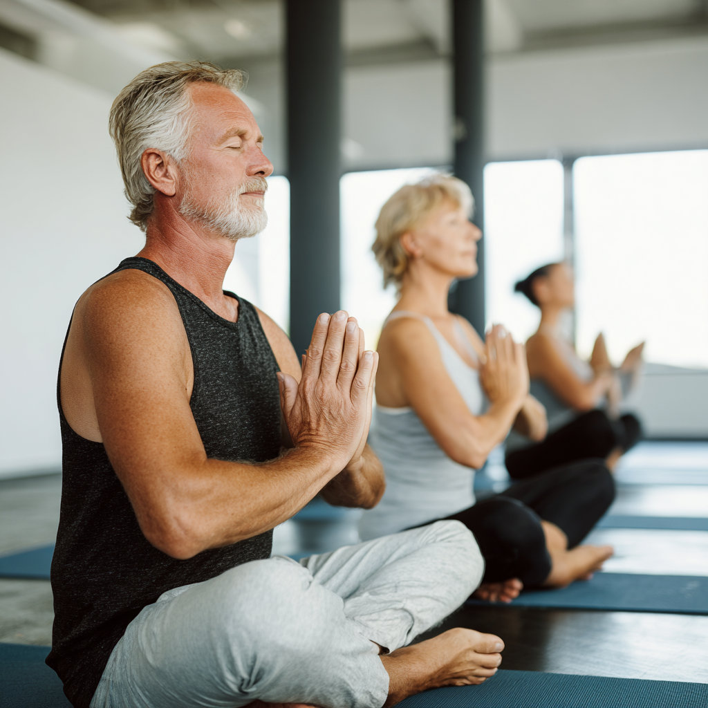 senior 52 years old enjoying yoga class together in bright studio